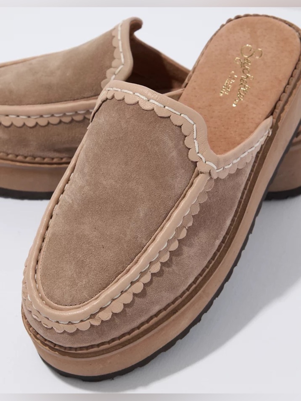 Seychelles Taupe Suede Scalloped Platform Mules